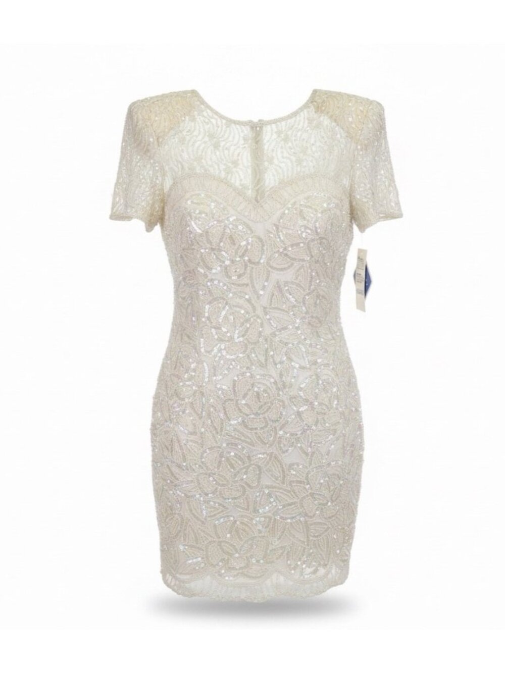 Sweelo Womens Ivory Silk Beaded Short Sleeve Dress Elegant Sequins Layered Sz XL